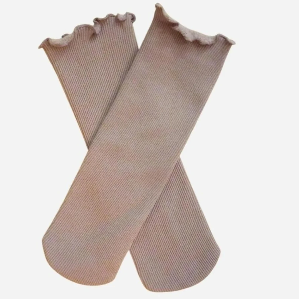 Deep Brown Socks Tan Fleece Lined Ruffled Crew Rib Knit Mid-calf Socks